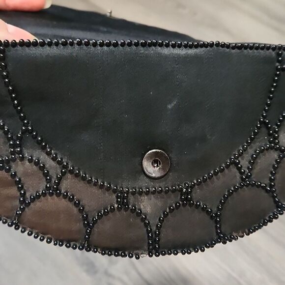 AS IS Vintage Beaded Black Satin Clutch Evening Bag - Picture 5 of 7